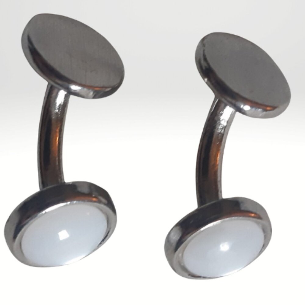 Vintage White Barbell Glass Cuff Links silver Tone